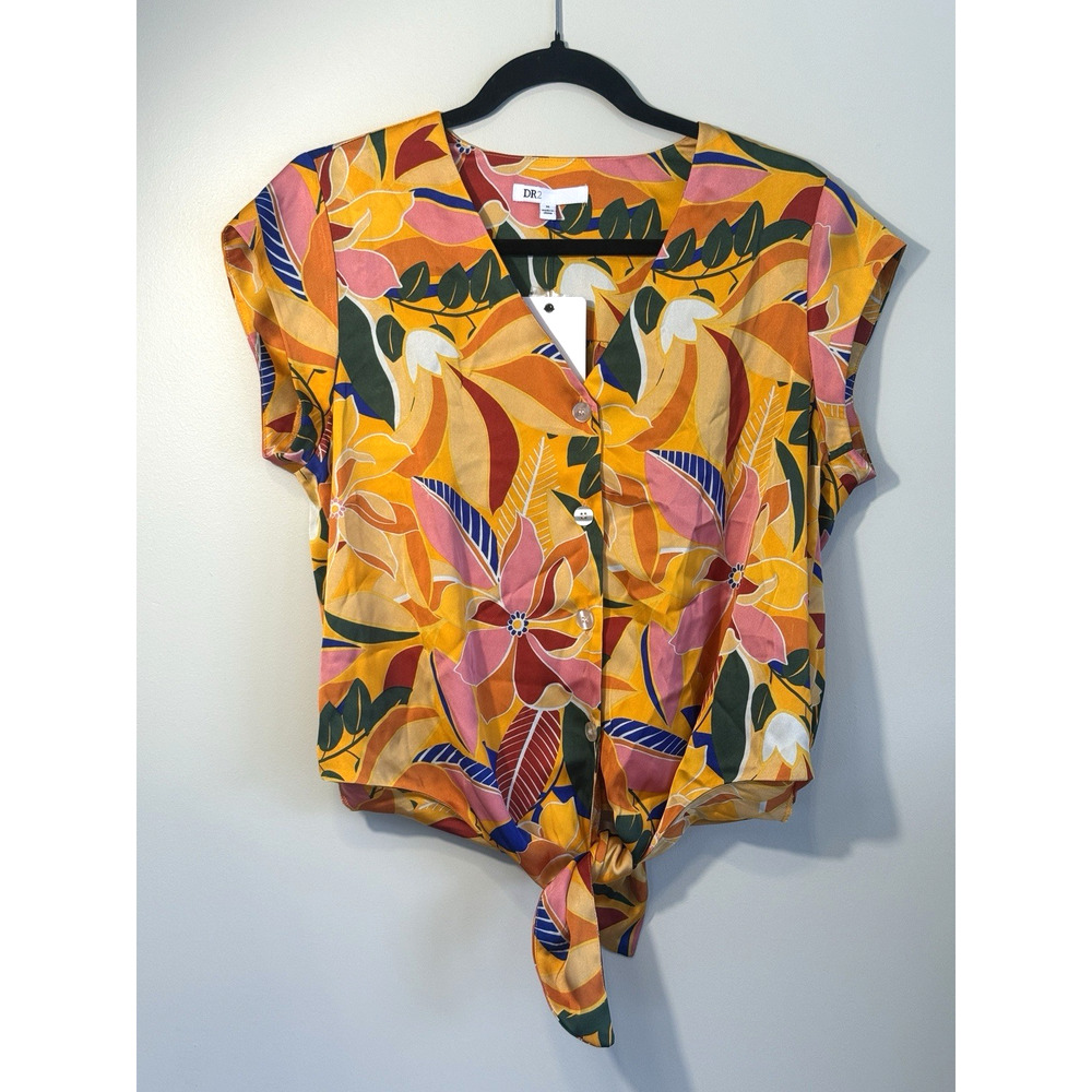 DR2 Women's Medium Tropical Floral Tie Front Top Satin V Neck Cap Sleeve NWT